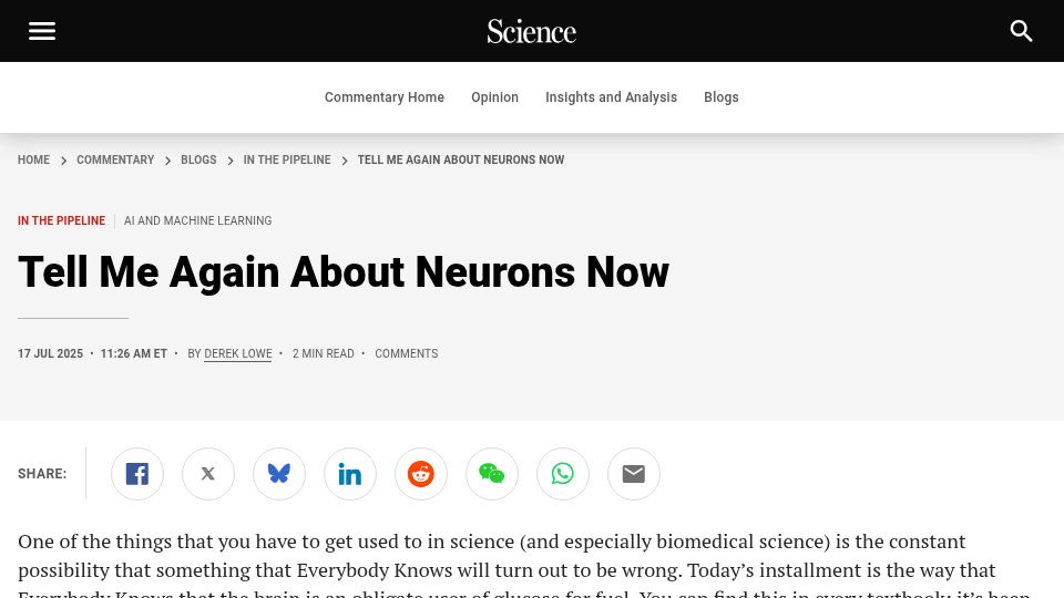 Screenshot of science.org: Tell me again about neurons now