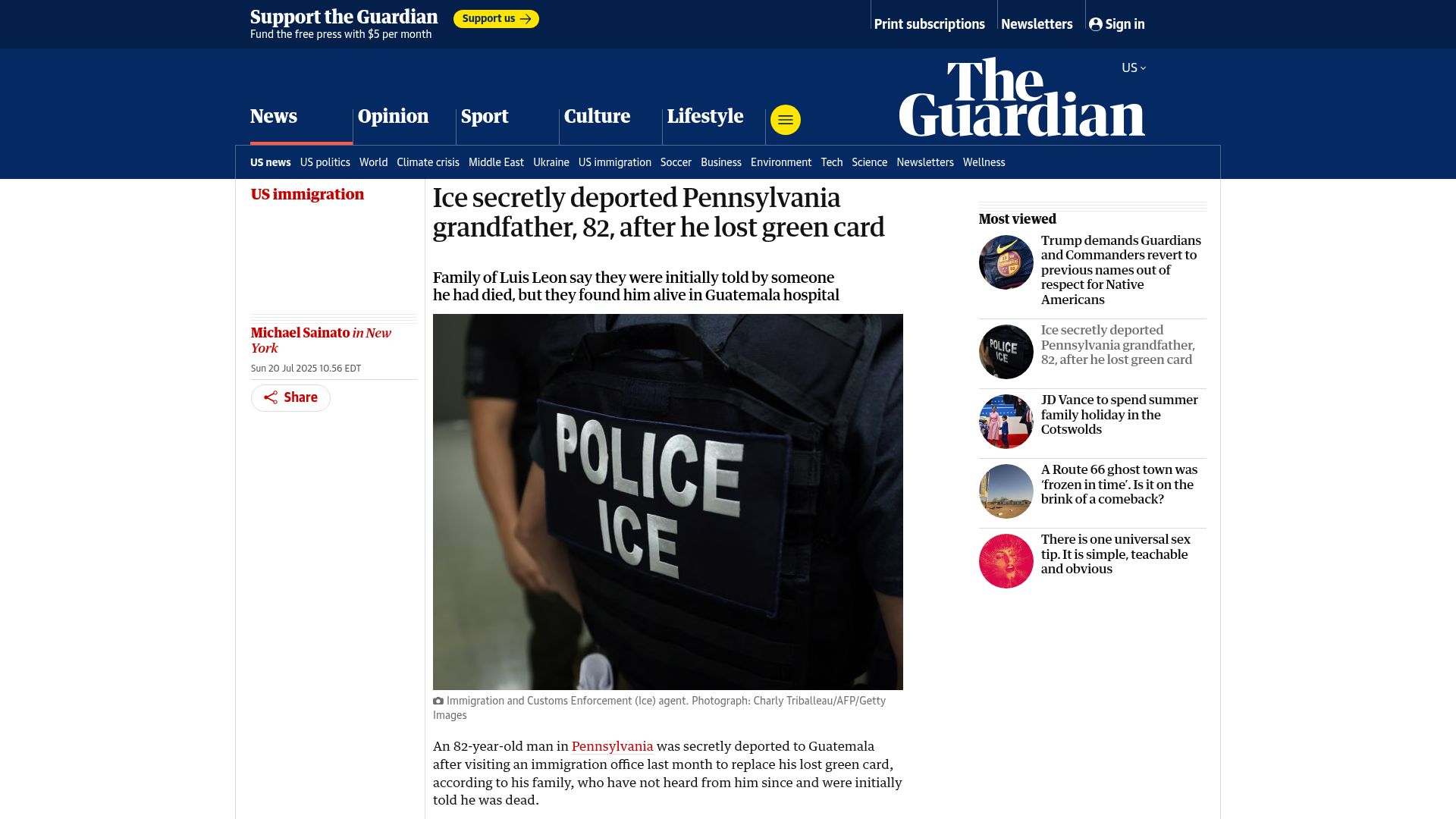 Screenshot of theguardian.com: ICE deported Pennsylvania grandfather, 82, after he lost green card