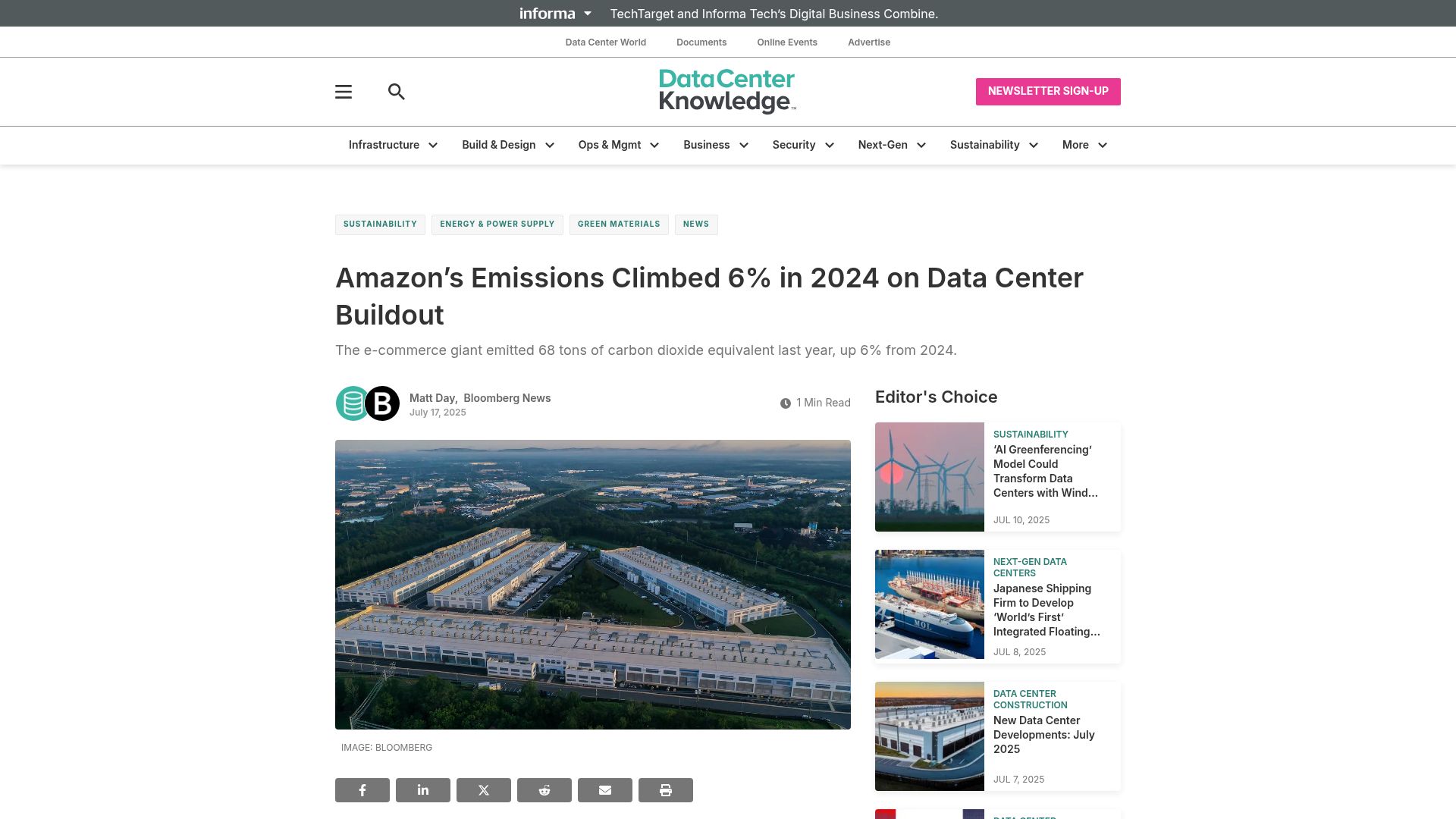 Screenshot of datacenterknowledge.com: Amazon's Emissions Climbed 6% in 2024 on Data Center Buildout