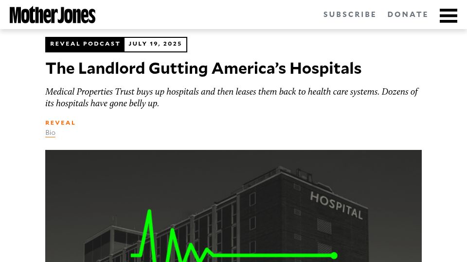 Screenshot of motherjones.com: The landlord gutting America’s hospitals