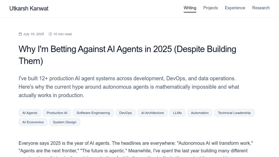 Screenshot of utkarshkanwat.com: The current hype around autonomous agents, and what actually works in production