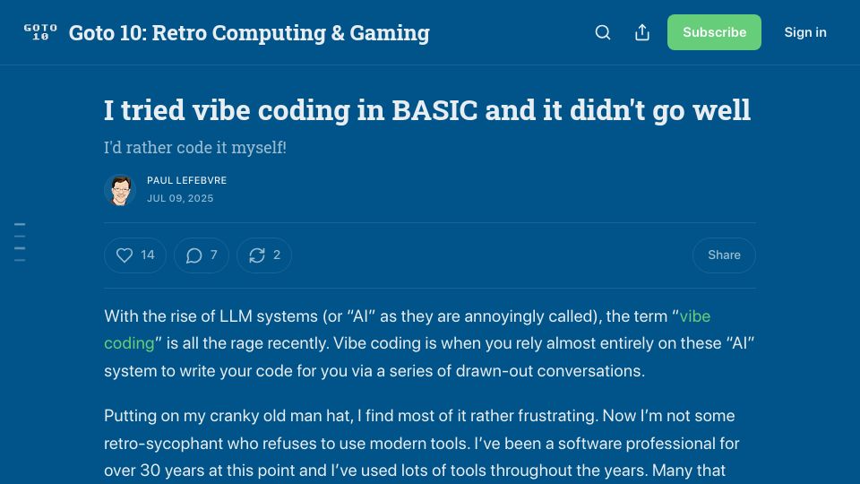 Screenshot of goto10retro.com: I tried vibe coding in BASIC and it didn't go well