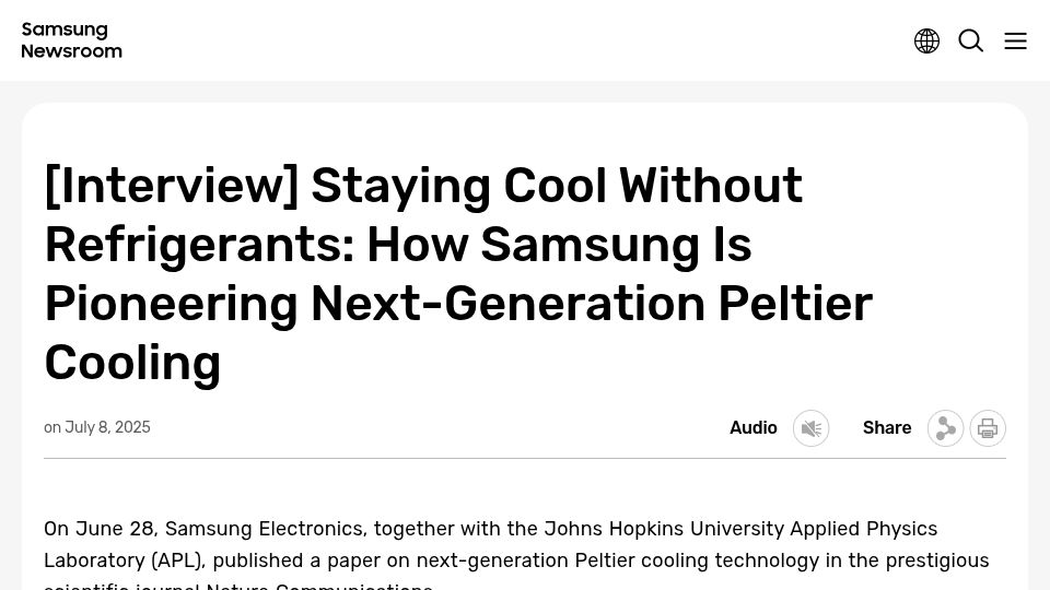 Screenshot of news.samsung.com: Staying cool without refrigerants: Next-generation Peltier cooling
