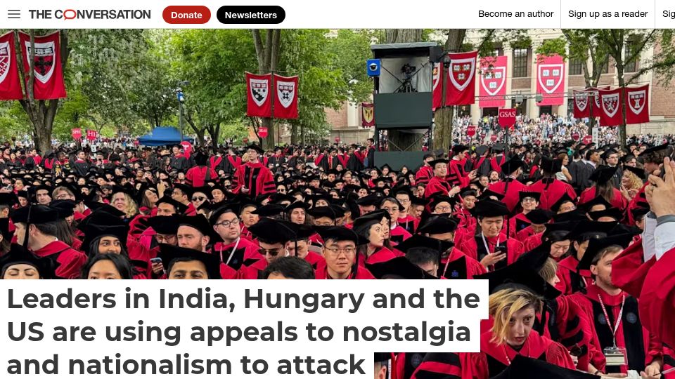 Screenshot of theconversation.com: Leaders are using appeals to nostalgia, nationalism to attack higher education