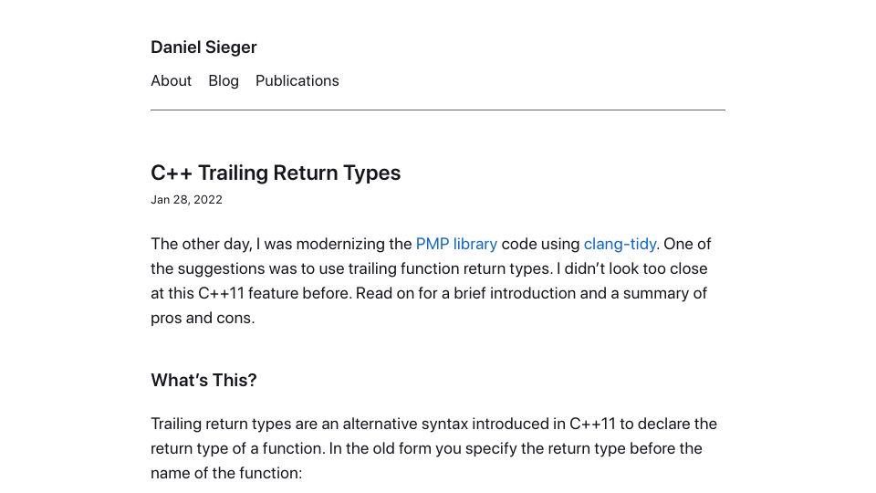 Screenshot of danielsieger.com: C++ Trailing Return Types (2022)