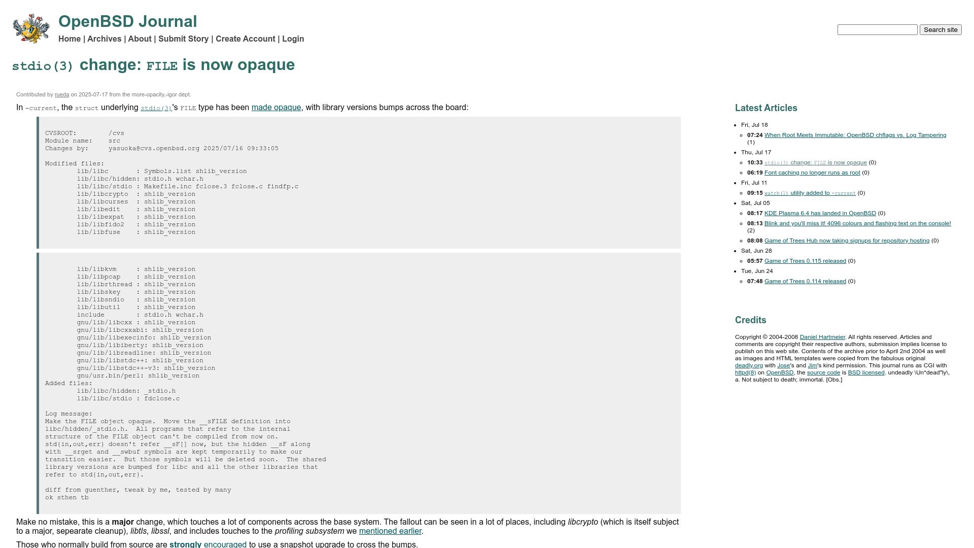 Screenshot of undeadly.org: Stdio(3) change: FILE is now opaque