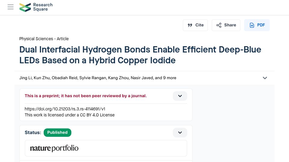 Screenshot of researchsquare.com: Dual interfacial H-bonding-enhanced deep-blue hybrid copper–iodide LEDs