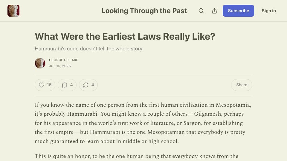 Screenshot of worldhistory.substack.com: What were the earliest laws like?