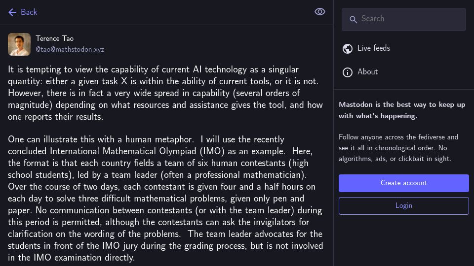 Screenshot of mathstodon.xyz: A human metaphor for evaluating AI capability