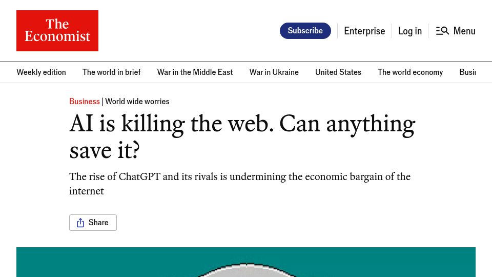 Screenshot of economist.com: AI is killing the web – can anything save it?