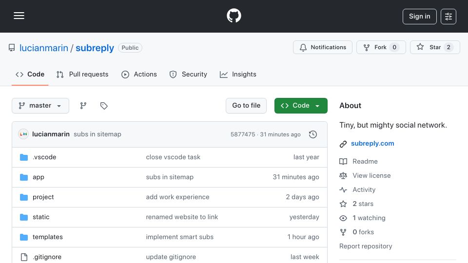 Screenshot of github.com: Subreply – An open source text-only social network