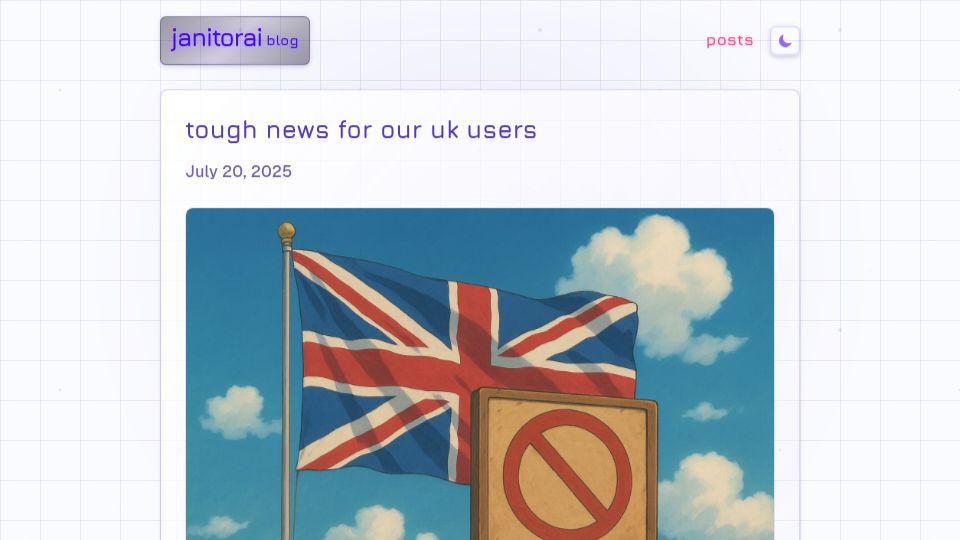 Screenshot of blog.janitorai.com: Tough news for our UK users
