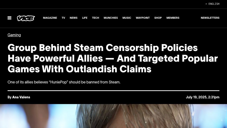 Screenshot of web.archive.org: Group Behind Steam Censorship Policies Have Powerful Allies