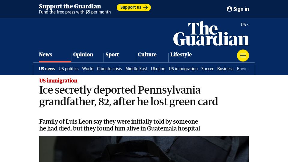 Screenshot of theguardian.com: ICE deported Pennsylvania grandfather, 82, after he lost green card