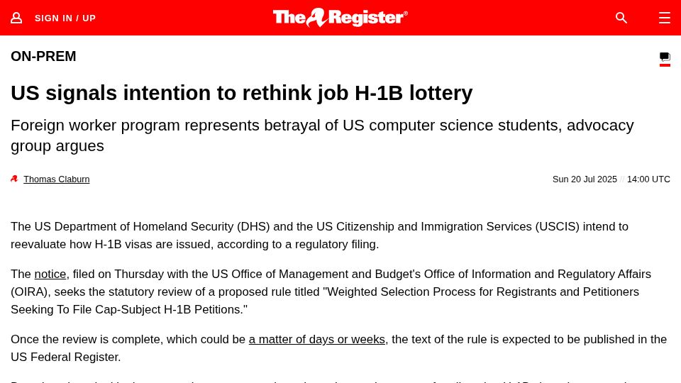 Screenshot of theregister.com: US signals intention to rethink job H-1B lottery