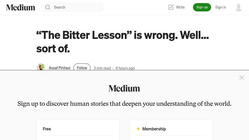 Screenshot of assaf-pinhasi.medium.com: “The Bitter Lesson” is wrong. Well sort of
