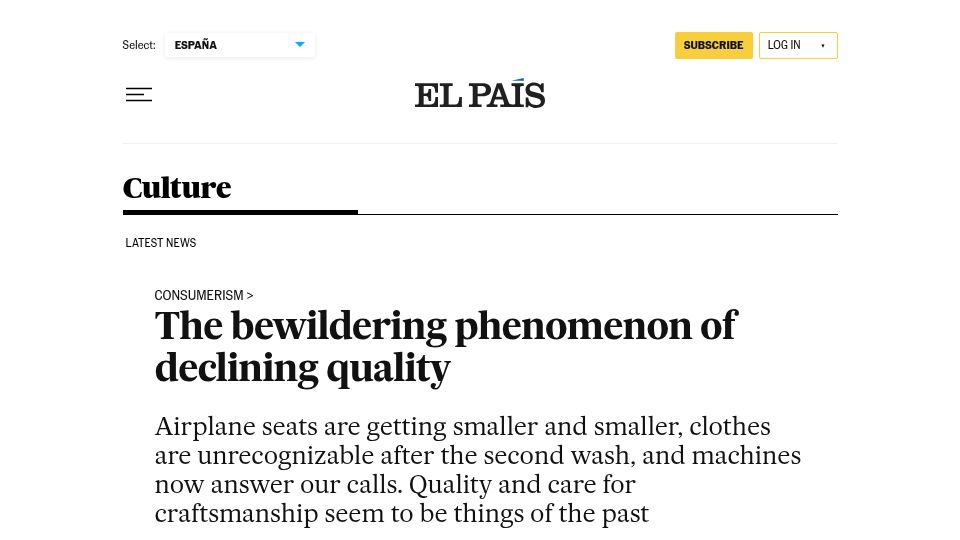 Screenshot of english.elpais.com: The bewildering phenomenon of declining quality