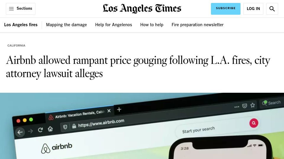 Screenshot of latimes.com: Airbnb allowed rampant price gouging following L.A. fires, city attorney alleges
