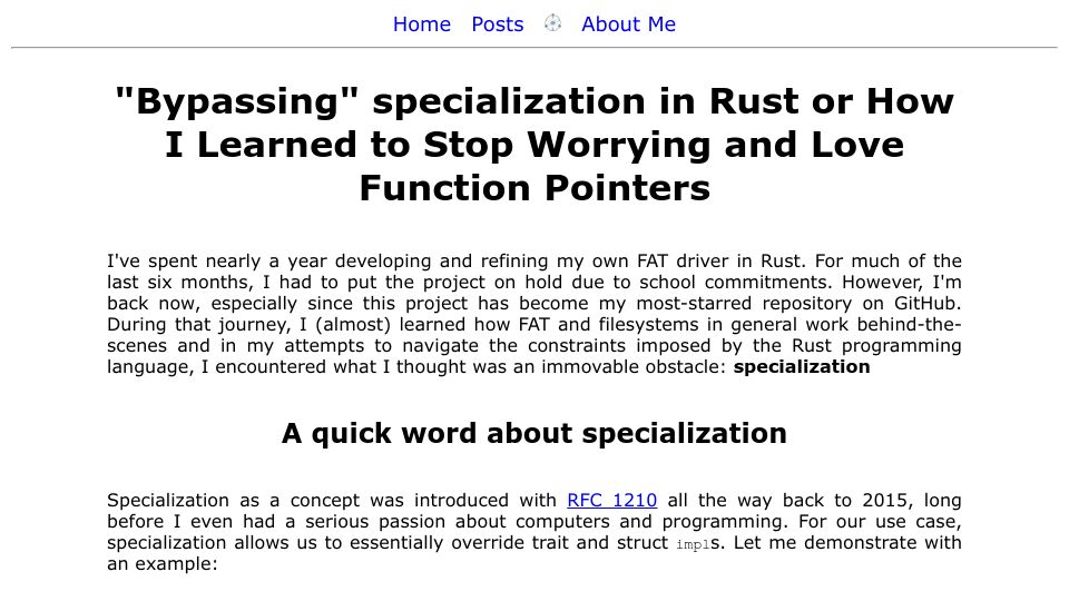 Screenshot of oakchris1955.eu: “Bypassing” specialization in Rust