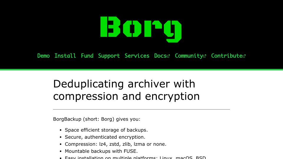 Screenshot of borgbackup.org: Borg – Deduplicating archiver with compression and encryption