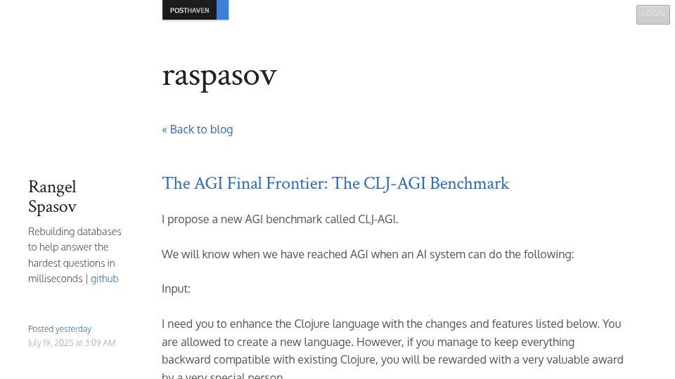 Screenshot of raspasov.posthaven.com: The AGI Final Frontier: The CLJ-AGI Benchmark