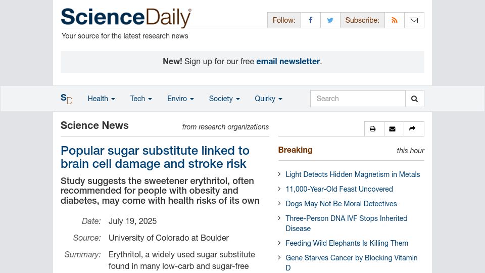 Screenshot of sciencedaily.com: Erythritol linked to brain cell damage and stroke risk