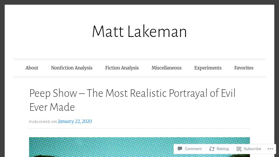 Screenshot of mattlakeman.org: Peep Show is the most realistic portrayal of evil I have seen (2020)