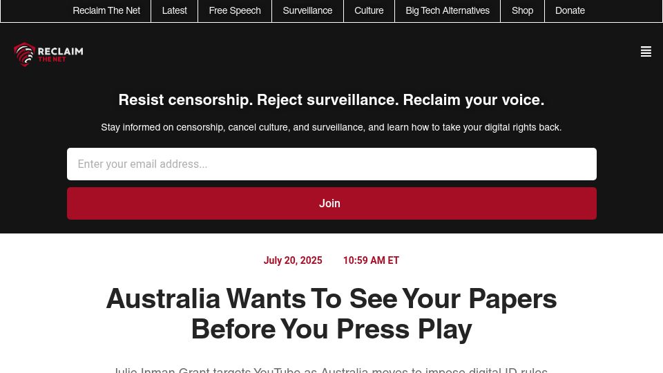Screenshot of reclaimthenet.org: Australia Wants to See Your Papers Before You Press Play