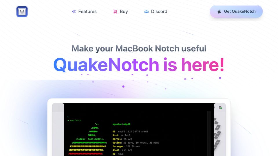 Screenshot of quakenotch.com: QuakeNotch: Quake Terminal on your MacBook's notch