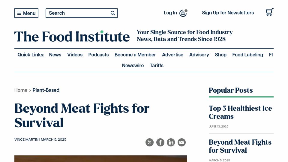 Screenshot of foodinstitute.com: Beyond Meat fights for survival
