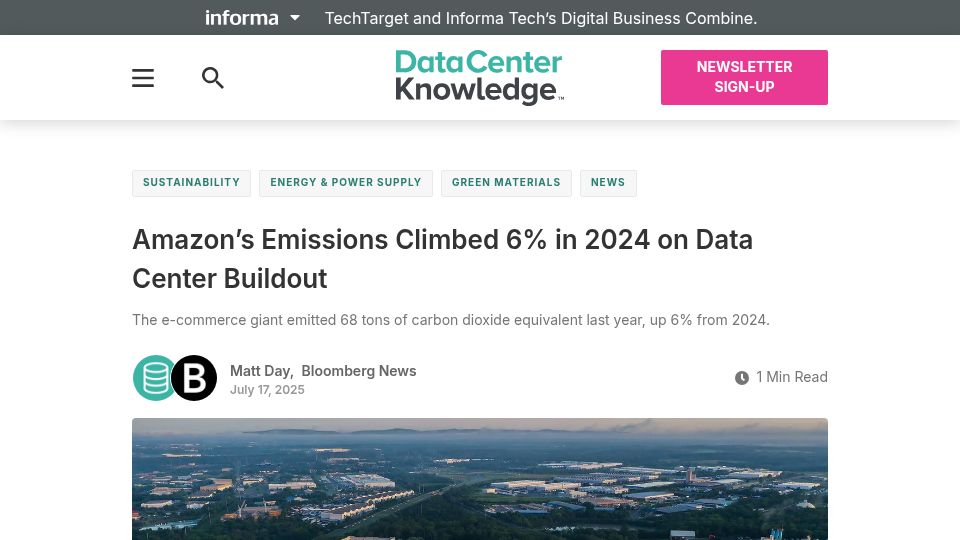 Screenshot of datacenterknowledge.com: Amazon's Emissions Climbed 6% in 2024 on Data Center Buildout