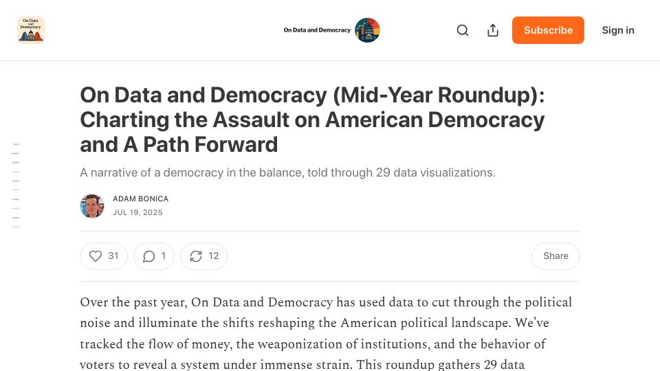 Screenshot of data4democracy.substack.com: Data and Democracy: Charting Assault on American Democracy and a Path Forward