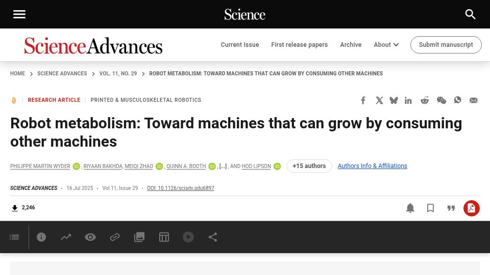 Screenshot of science.org: Robot metabolism: Toward machines that can grow by consuming other machines