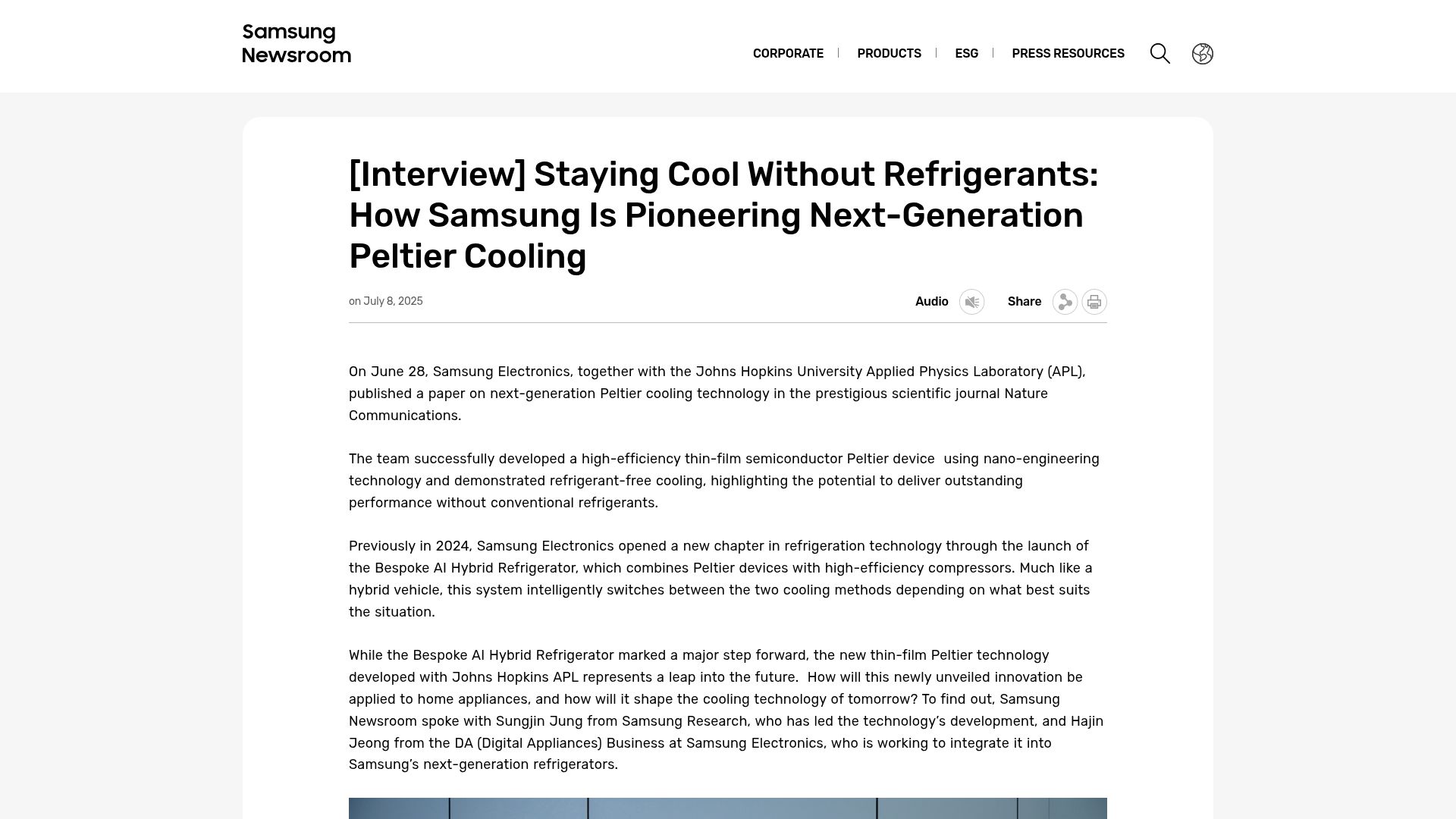 Screenshot of news.samsung.com: Staying cool without refrigerants: Next-generation Peltier cooling