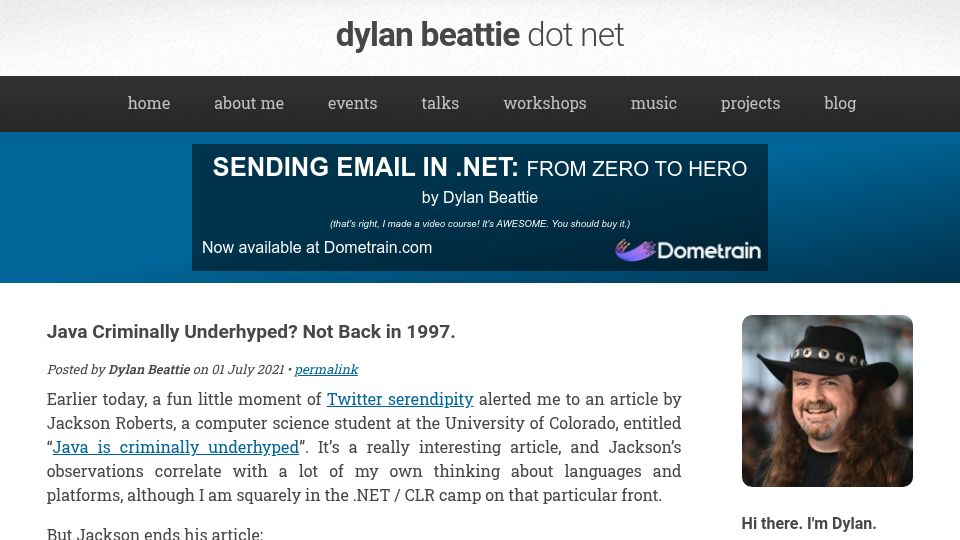 Screenshot of dylanbeattie.net: Java was not underhyped in 1997 (2021)