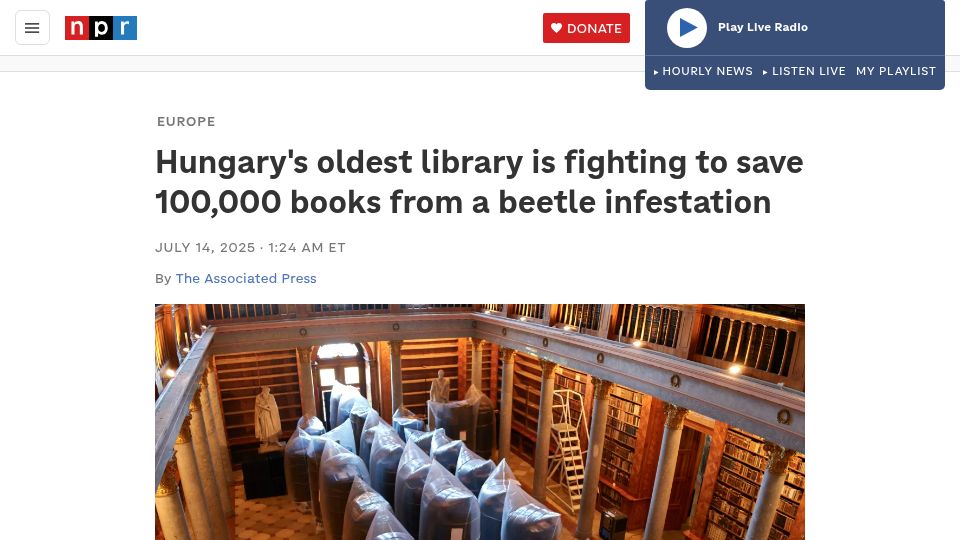 Screenshot of npr.org: Hungary's oldest library is fighting to save books from a beetle infestation