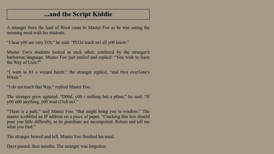 Screenshot of soda.privatevoid.net: Master Foo and the Script Kiddie (1996)