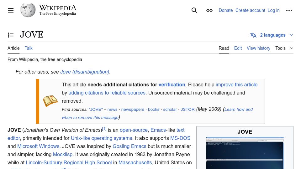 Screenshot of github.com: JOVE – Jonathan’s Own Version of Emacs
