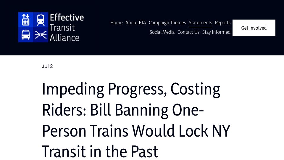 Screenshot of etany.org: New York’s bill banning One-Person Train Operation