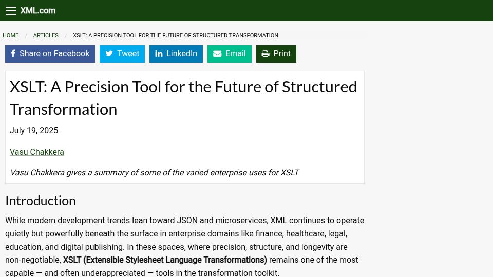 Screenshot of xml.com: XSLT: A Precision Tool for the Future of Structured Transformation