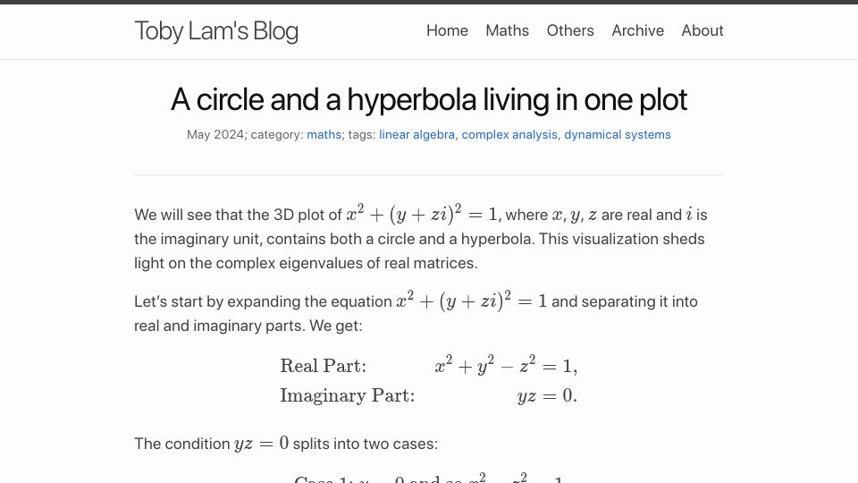 Screenshot of tobylam.xyz: A circle and a hyperbola living in one plot