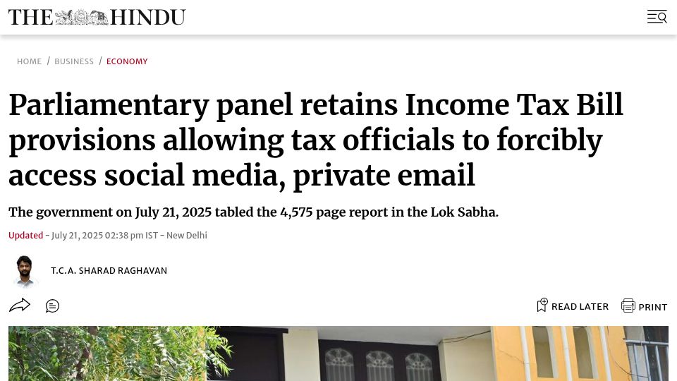 Screenshot of thehindu.com: India: Income Tax Bill allows officials to forcibly access social media, email