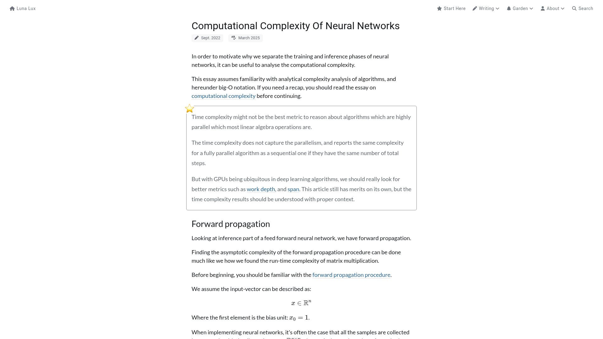 Screenshot of lunalux.io: Computational complexity of neural networks (2022)