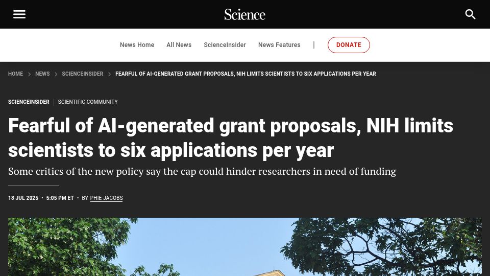 Screenshot of science.org: NIH limits scientists to six applications per year