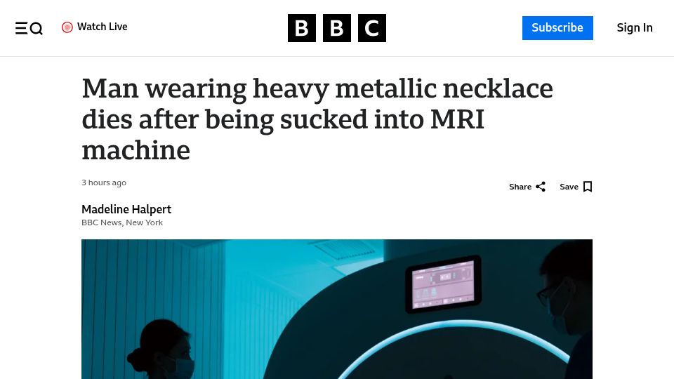 Screenshot of bbc.com: Man wearing metallic necklace dies after being sucked into MRI machine