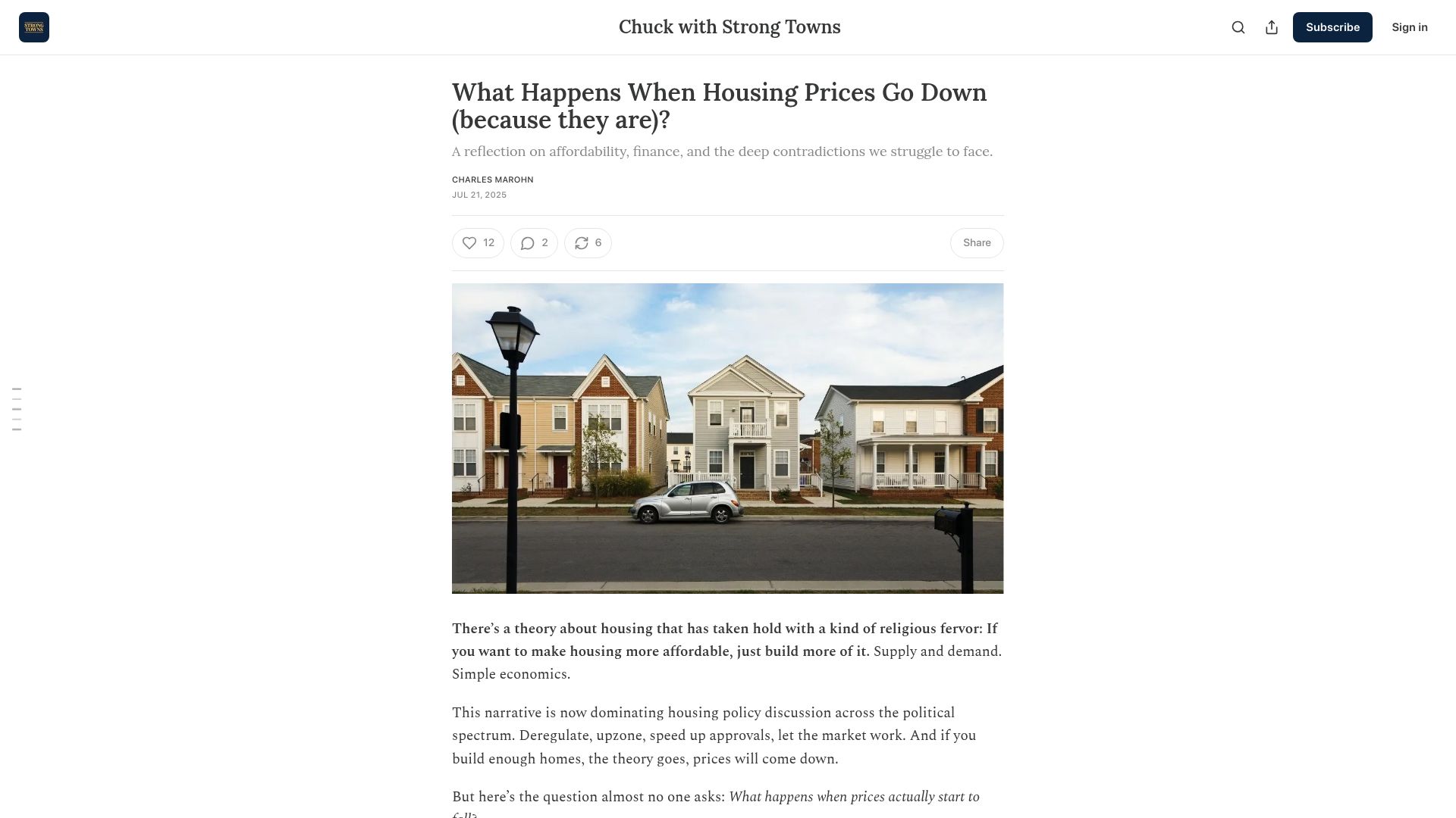 Screenshot of clmarohn.substack.com: What happens when housing prices go down?