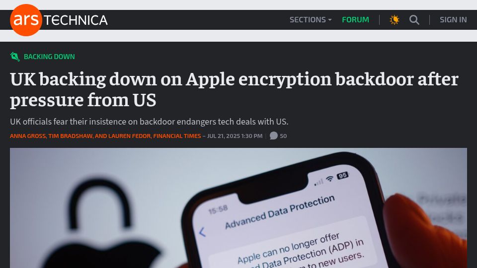 Screenshot of arstechnica.com: UK backing down on Apple encryption backdoor after pressure from US
