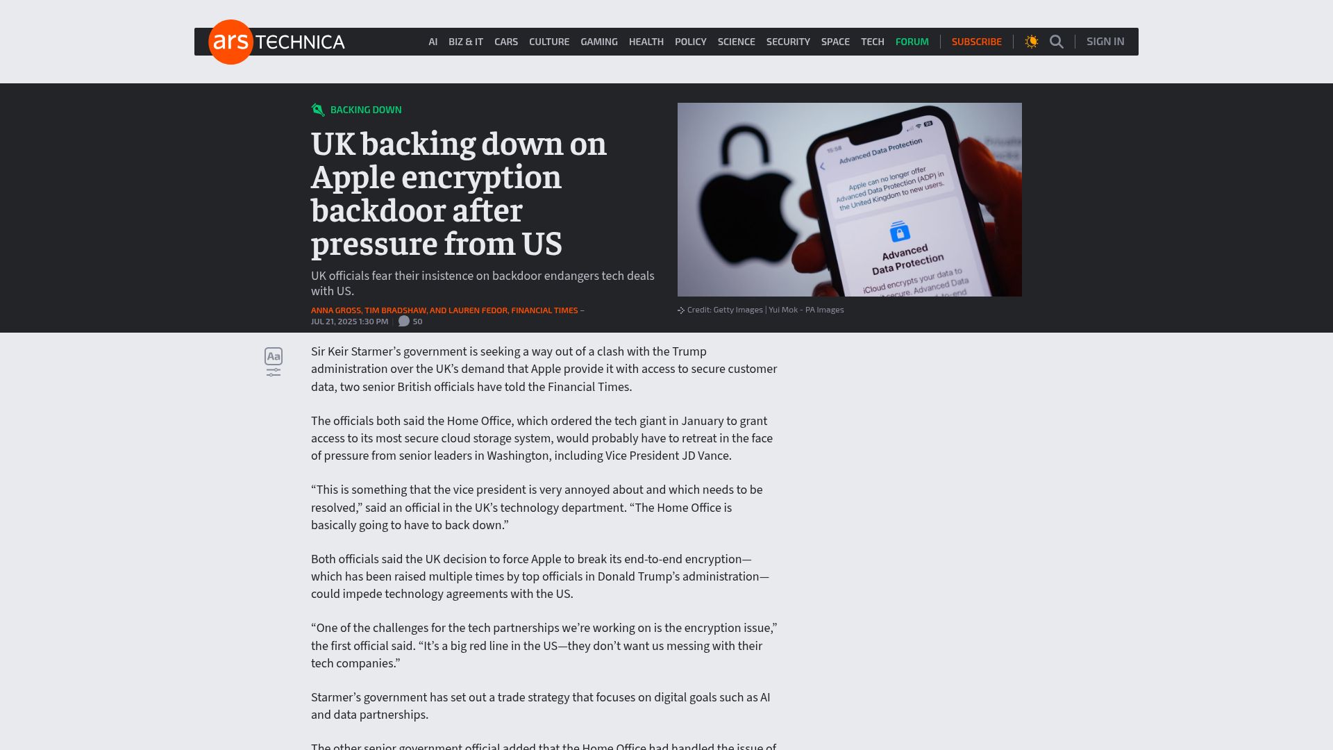 Screenshot of arstechnica.com: UK backing down on Apple encryption backdoor after pressure from US