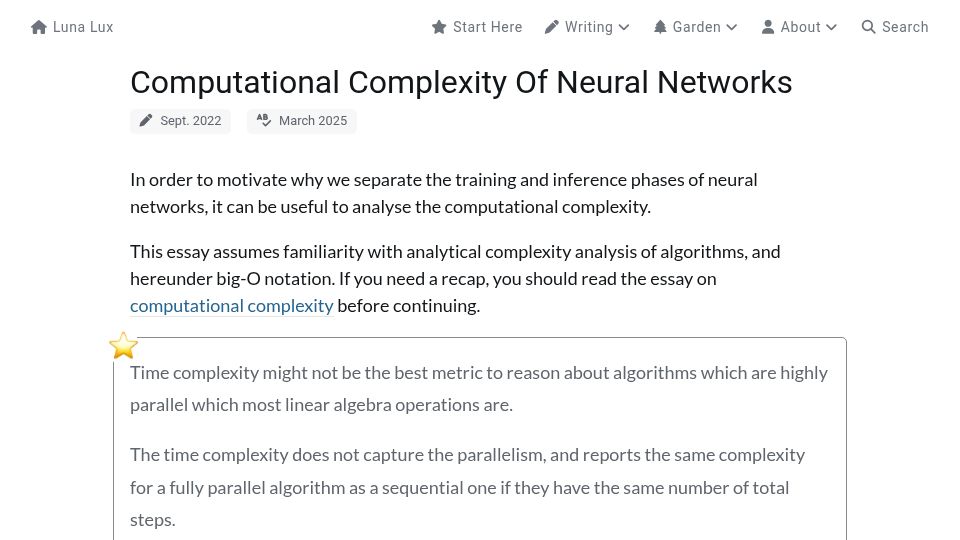 Screenshot of lunalux.io: Computational complexity of neural networks (2022)