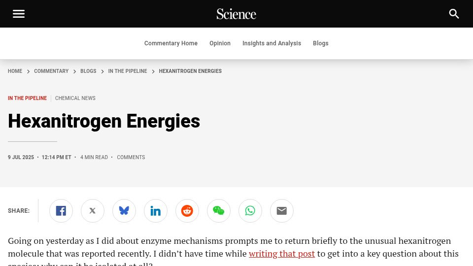 Screenshot of science.org: Hexanitrogen Energies